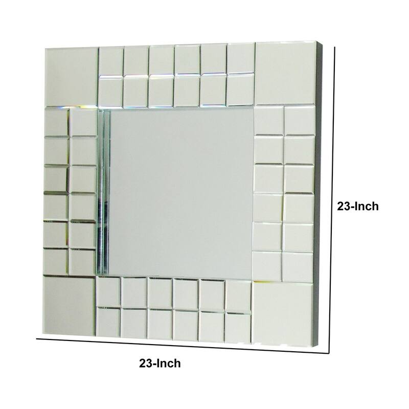 Square Beveled Mirror with Grid Like Accent, Silver