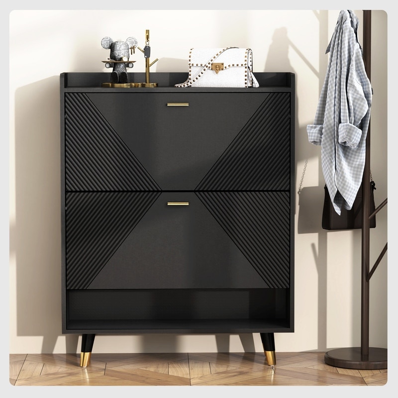 Rattan Boho Style Shoe Cabinet with 4 Flip Drawers 2 Tier Free Standing Shoe Rack with Large Space for Entrance Hallway Bed Bath Beyond 37534620