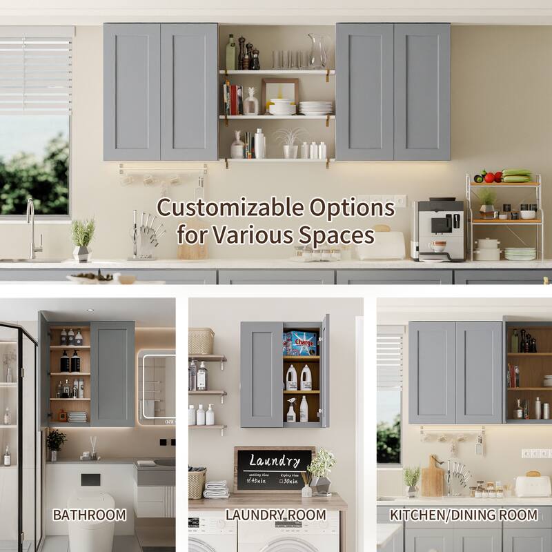 Gray Shaker Solid Wood Wall Cabinet with Soft-Close Doors, Adjustable Shelves, 36" Double Door Storage for Kitchen