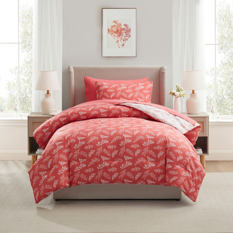 Empyrean 7 Pc Botanical Comforter Set with Sheets, Soft Breathable Lightweight Bedding Bag - Flamingo Pink/Cloudstone - Twin XL