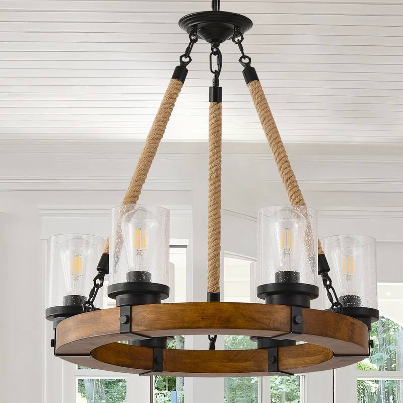 6 Lights Wagon Wheel Chandelier Rustic Wood Farmhouse Chandelier - 25