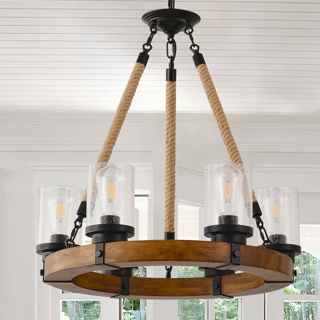 6 Lights Wagon Wheel Chandelier Rustic Wood Farmhouse Chandelier - 25