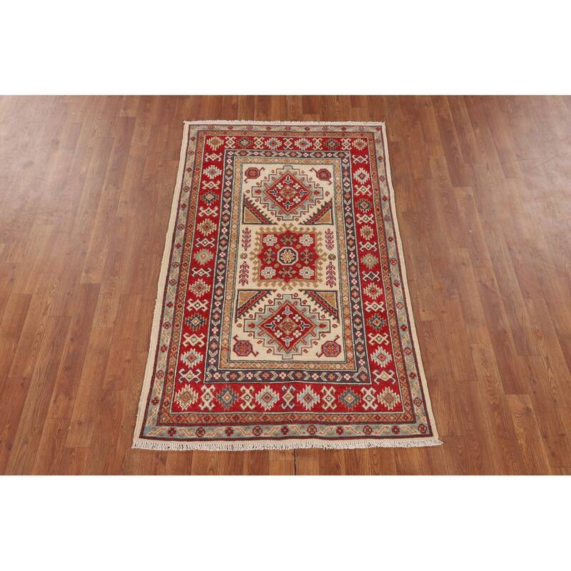 Kazak Accent Rug Hand-Knotted Traditional Beige Wool Carpet - 3'3" x 5'3"
