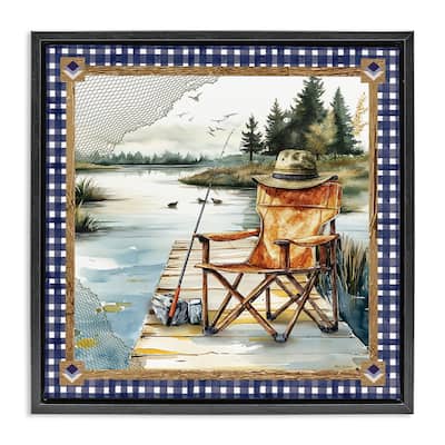 Stupell Fishing Chair on Dock Framed Floater Canvas Wall Art Design By Nicole DeCamp