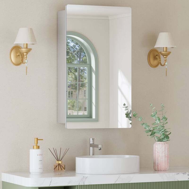 Mira Rectangular Frameless Medicine Cabinet with Mirror, Sliding Adjustable Glass Shelves, Reversible Door - Silver - 14 in. W x 24 in. H