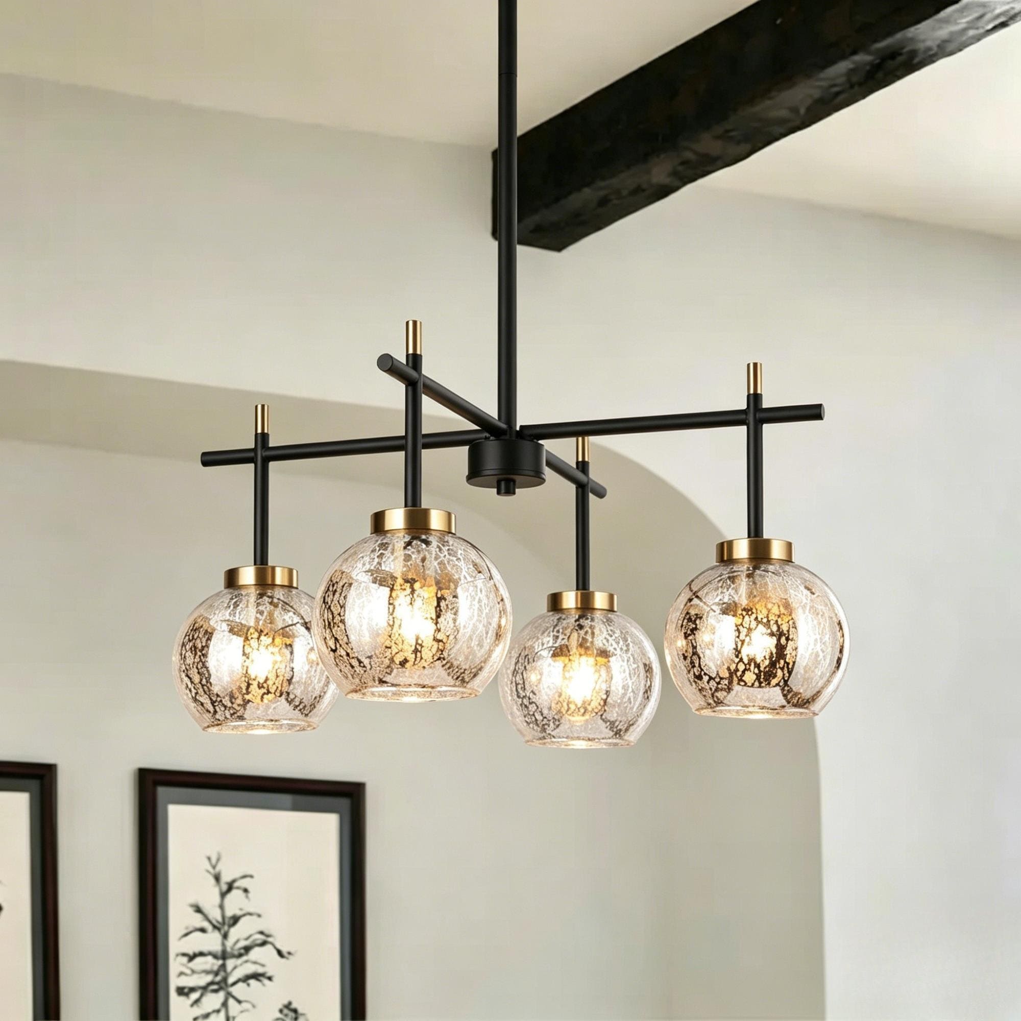 Modern Farmhouse 4-Light Black Gold Chandelier Mercury Glass Pendant Lights for Dining Room - 21" D x 10" H