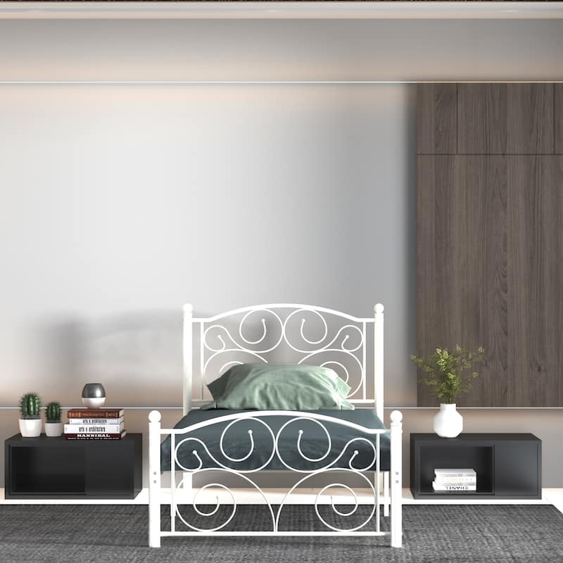 Twin Size Unique Flower Sturdy System Metal Bed Frame with Headboard and Footboard - White