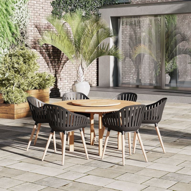Amazonia Rubi Lazy Susan Outdoor Wood Patio Dining Set - Black Chairs - 7PC