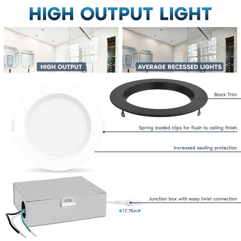 Luxrite 5 Inch LED Recessed Ceiling Light, 18W, 5CCT 2700K-5000K, 1600LM, Dimmable, Wet Rated, IC, ETL - Black - 1 Pack