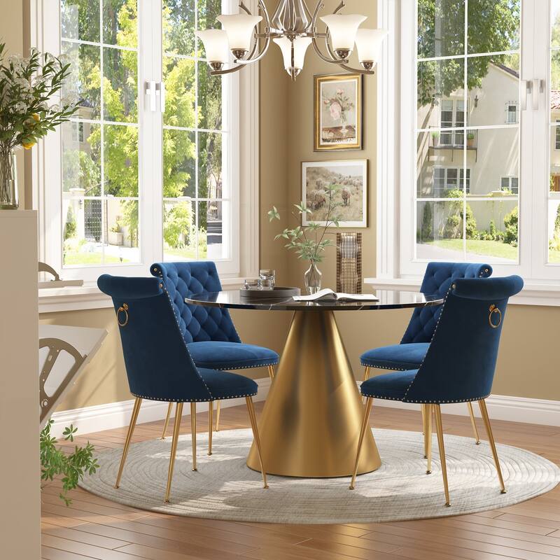 48" Marble Top Metal Dining Table with Velvet Dining Chair Set