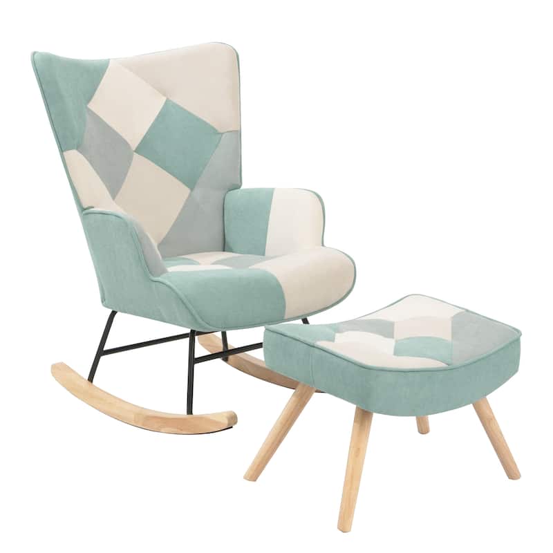Patchwork Linen Rocking Chair with Ottoman (Mid-Century Style)
