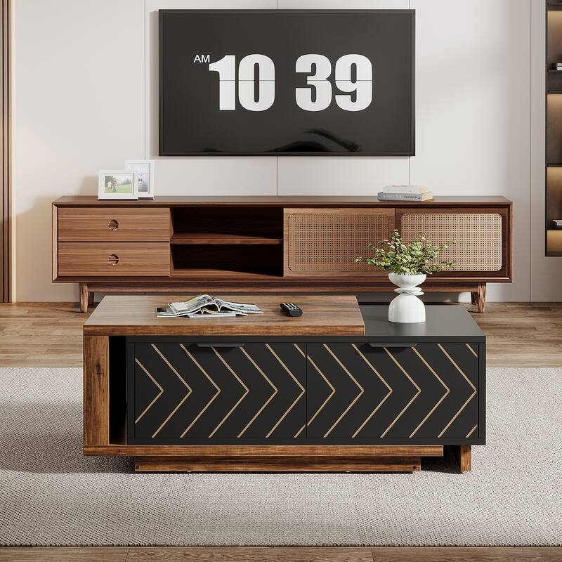 Extendable Coffee Table with 2-drawer and Wood Sliding Tabletop for Living Room