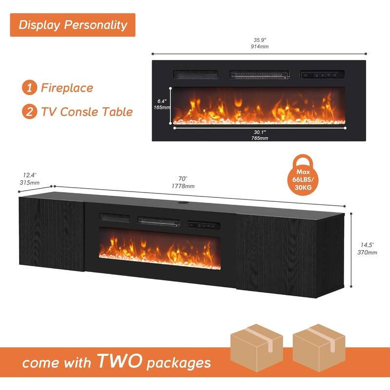 Fireplace Floating TV Stand with 36" Fireplace for TVs up to 80"