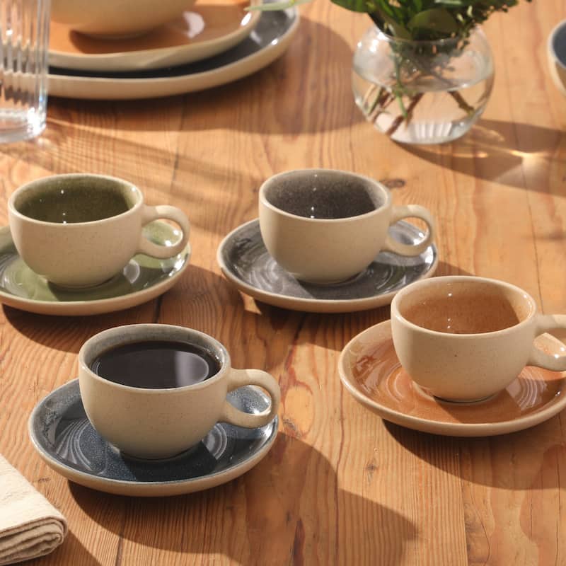 Gibson Elite Manila Bay 8-Piece Stoneware 5 oz Reactive Glaze Expresso & Coffee Cup and Saucer Set, Assorted Colors