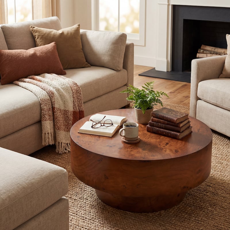 Christopher Knight Home - Orval Modern 31.5" Round Coffee Table with Thick Top & Drum Pedestal Base, Versatile for Living Areas - Walnut