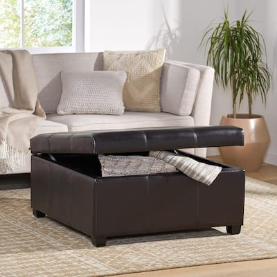 Roomfitters Faux Leather Storage Ottoman with Lift-Top Lid, Square Coffee Table Bench for Living Room, Espresso