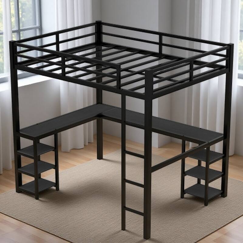 Full Size Metal Loft Bed with L-Shaped Workstation, Built-In Shelves and Guardrails - Black - Full