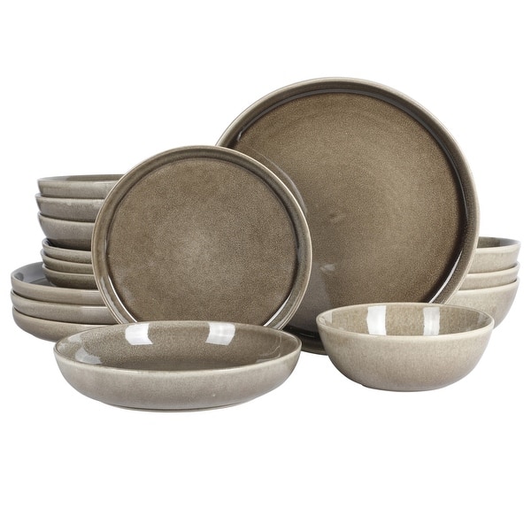Gibson Elite Berea 16 Piece Plates and Bowls Reactive Glaze Round Dishes Stoneware Ceramic Dinnerware Set - Taupe