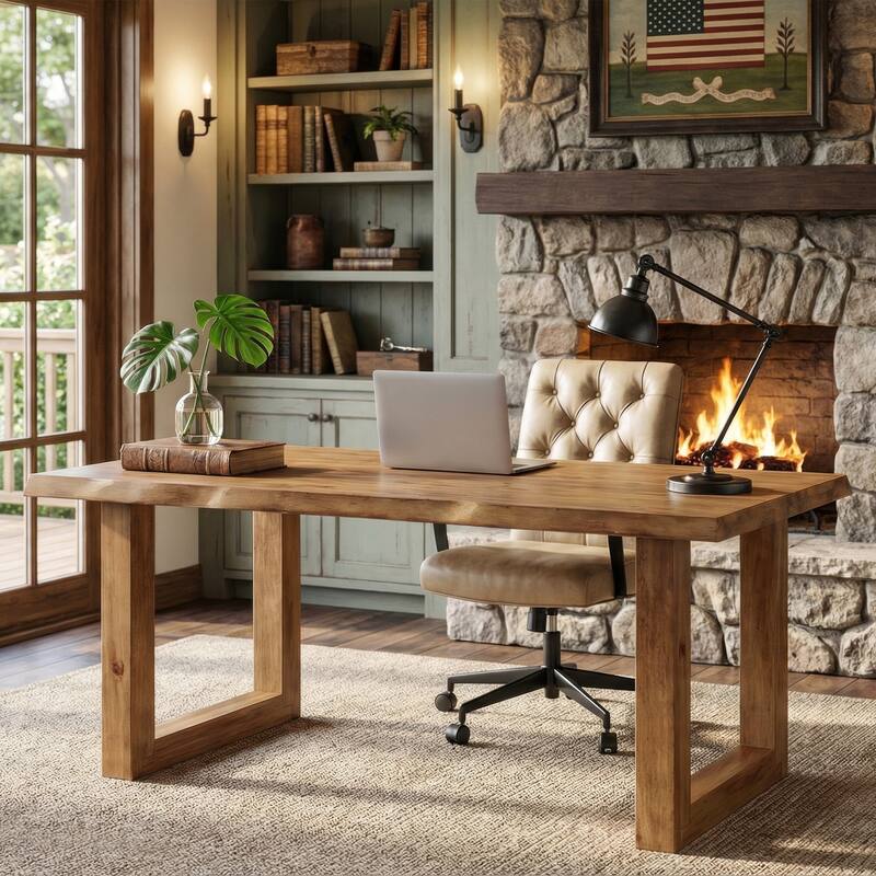 63" Pine Wood Large Farmhouse Executive Desk
