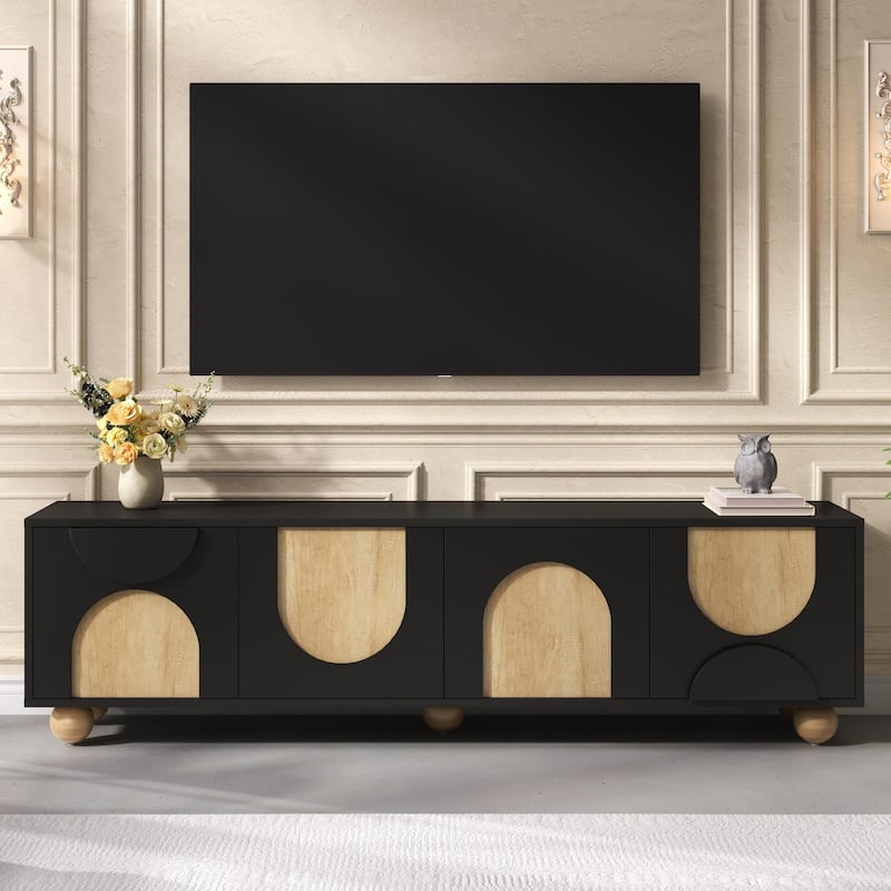 Farmhouse TV Stand for 75" TVs - Cream Media Console w/ Cable Holes, Rebound Device & Solid Wood Legs, 69.6"W - Black