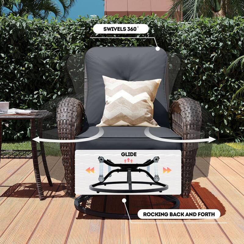 Patio Watcher 6-Piece Brown Wicker 360-Degree Patio Conversation Outdoor Rocking Chair Set with Cushions