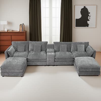 GDFStudio - 144" U-Shaped Comfy Fluffy Chenille Modular Sofa with Movable Ottoman & Storage