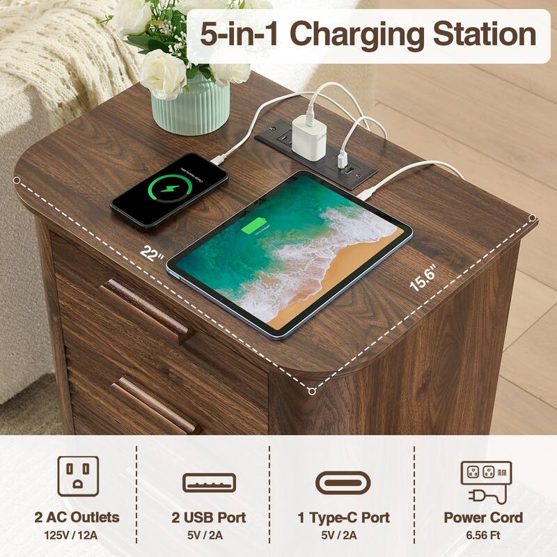 22" Wide Fluted Nightstand with Charging Station, Modern End Table, Wood 3 Drawer Dresser, Large Bedside Tables