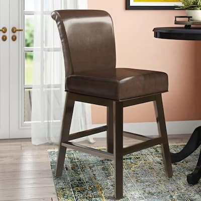 28" Modern Swivel Bar Stool with Leather Seat Backrest, Solid Wood Legs, for Bar Dining Room Living Room and Café