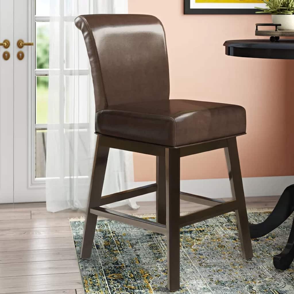 28" Modern Swivel Bar Stool with Leather Seat Backrest, Solid Wood Legs, for Bar Dining Room Living Room and Café