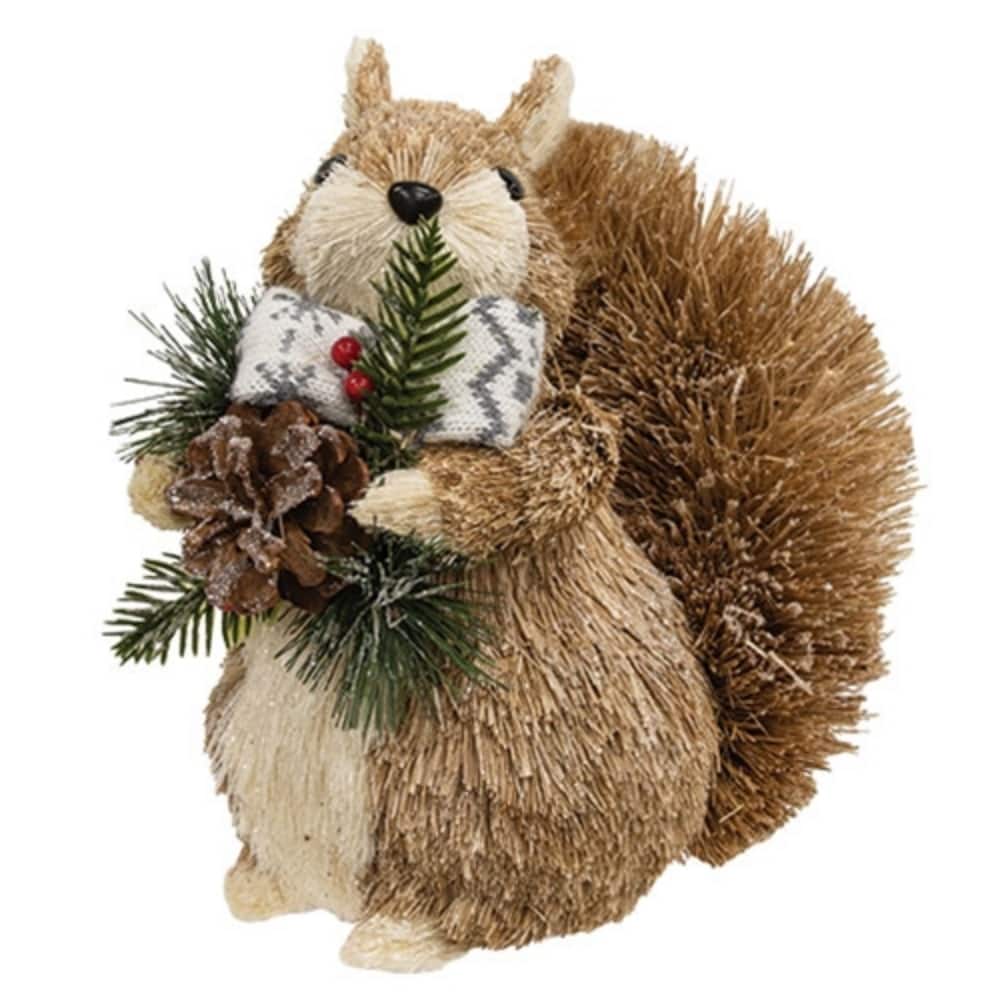 Sisal Woodland Squirrel Plush Winter Decor Decorative Tabletop Figurine with Scarf and Pinecone - 10.5” (H)