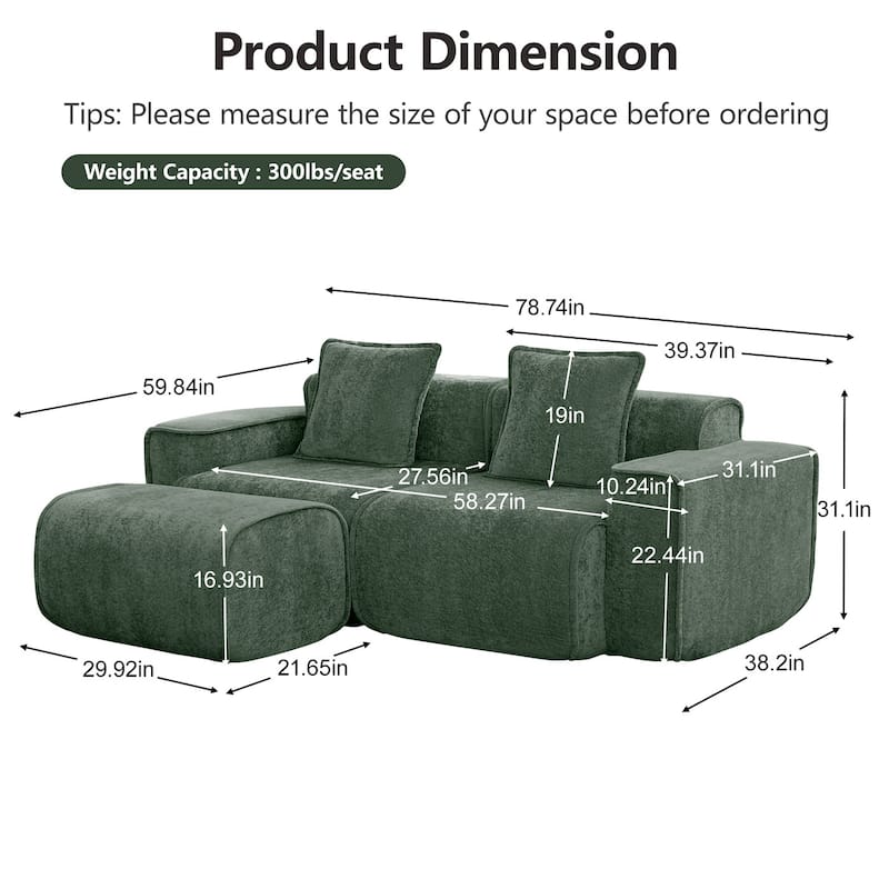 Streamlined Design Modular 2 Seat L Shape Boneless Velvet Fabric Sofa with 1 Movable Ottoman - 8' x 10'