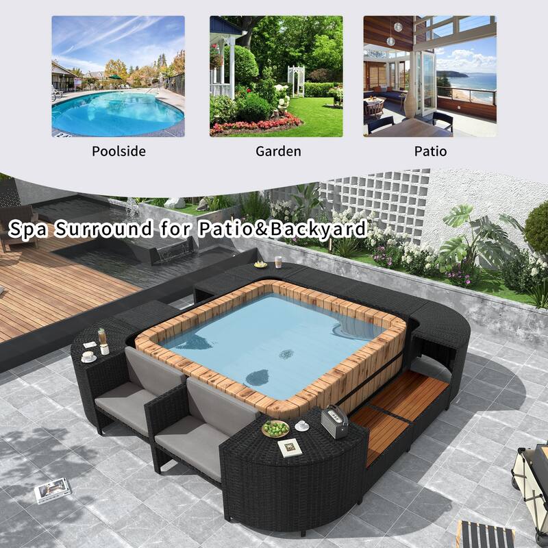 Outdoor Rattan Spa Frame Conversation Sofa Set with Storage & Wooden Bench