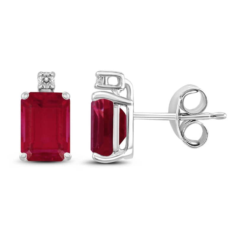 Marquee 14K White Gold 5x3MM Emerald Shaped Ruby and Diamond Earrings
