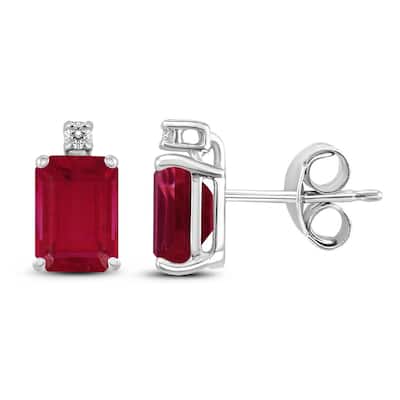 Marquee 14K White Gold 5x3MM Emerald Shaped Ruby and Diamond Earrings