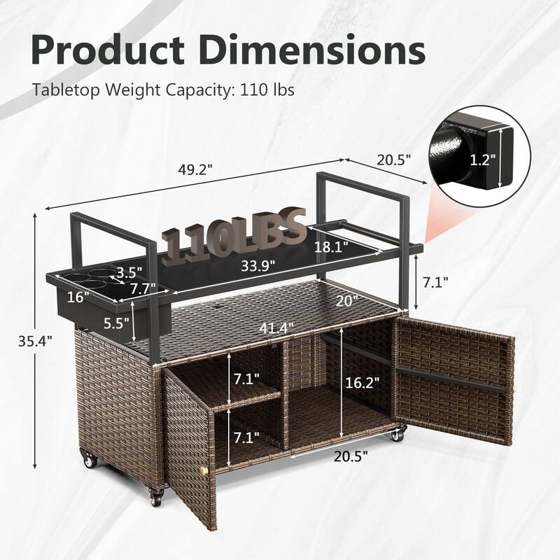 Outdoor 49.2" PE Wicker Bar Cart with Cabinet Patio Serving Cart with Tempered Glass Top