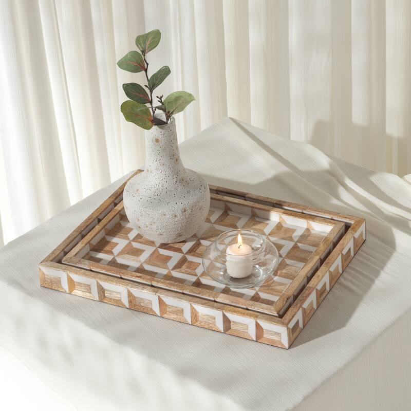 SAFAVIEH Home Aria Antique Ivory/Natural Brown Resin/Mango Wood Tray Set of 2