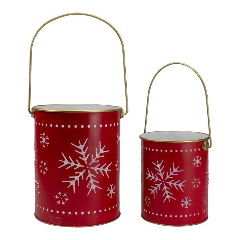 Set of 2 Red Gold Metal Snowflake Candle Lanterns Christmas Decoration