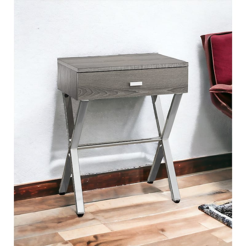 Stylish 22" End Table with Storage Drawer and Silver Metal Base Wood Top Perfect for Bedroom or Living Room