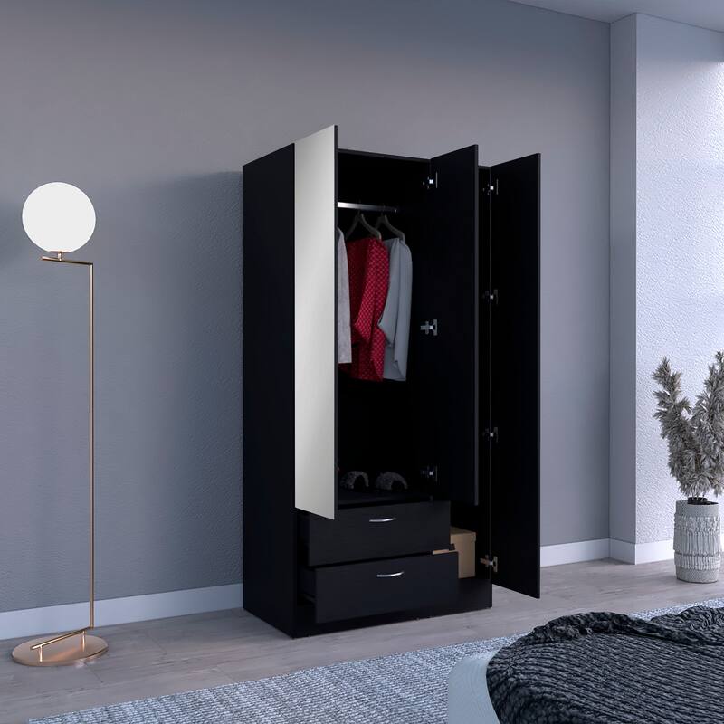 19.7" Modern Mirrored Armoire with Two Drawers, Four Shelves and Hanging Rod