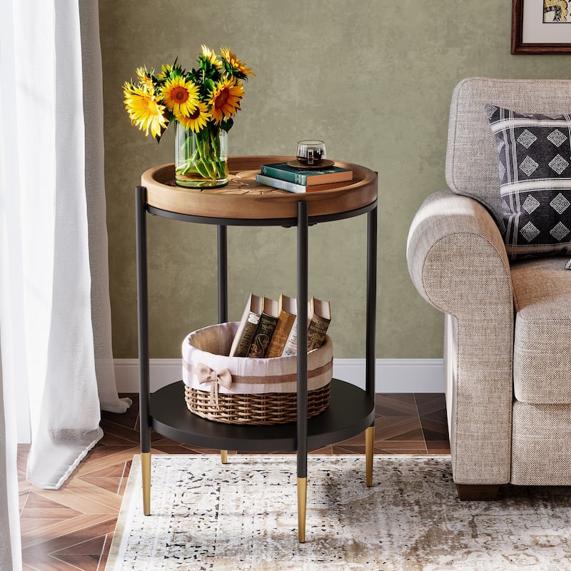 Round Side Table with Solid Wood and Metal