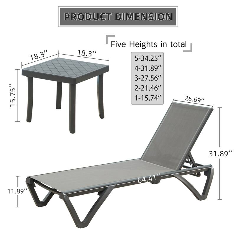 Outdoor Chaise Lounge Chair Set Adjustable Aluminum Frame with Side Table