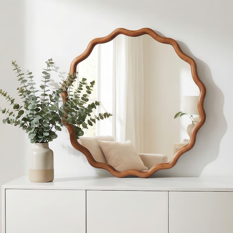 24 inch Wavy Round Solid Wood Frame Decorative Mirror,For Bedroom, Bathroom, Living Room, Entryway
