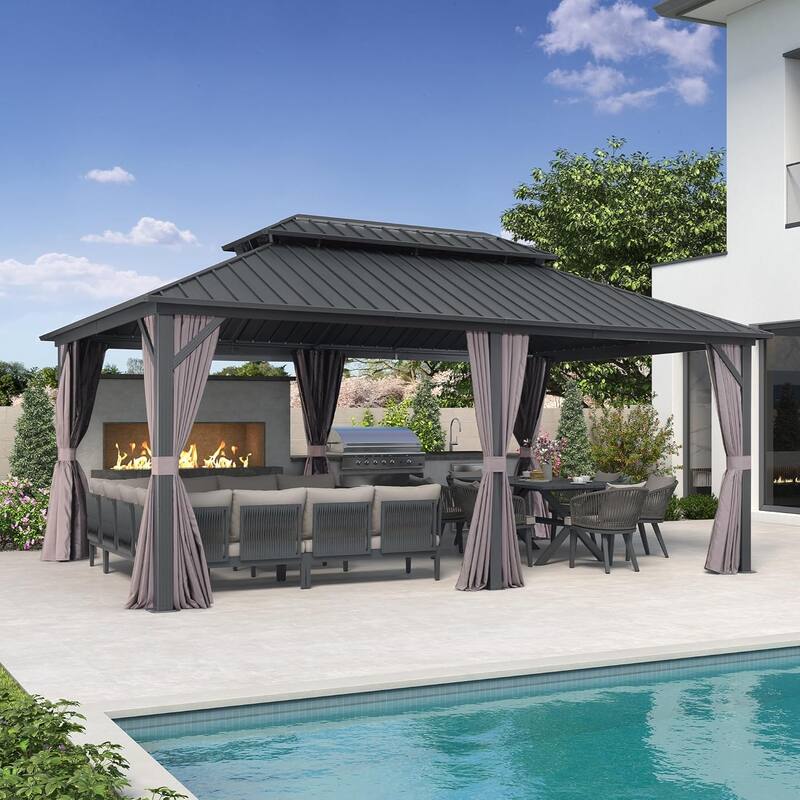 PURPLE LEAF Gazebo Outdoor Gazebo with Dual-Layer Galvanized Steel Double Roof Aluminum Gazebo with Netting and Curtains Grey - 12' x 18'(Hot Sale) - Grey