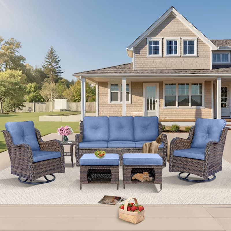 6-piece Wicker Outdoor Patio Furniture Set Swivel Chairs with Ottoman - Denim Blue-Brown Wicker