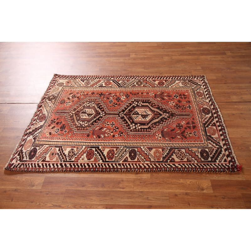 Tribal Shiraz Persian Antique Area Rug Hand-Knotted Coral Wool Carpet - 3'5"x 4'9"