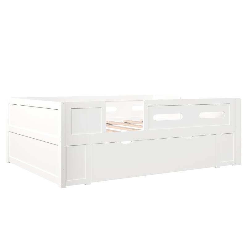 Kids Low Loft Bed with Stairs, Large Drawer and Guardrail, Semi-Enclosed Fence Platform Toddler Bed, Wooden Storage Daybed