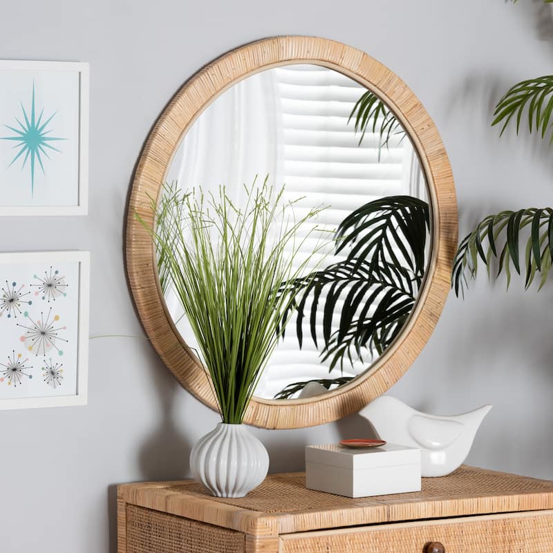 Bella Modern Bohemian Natural Brown Mahogany Wood and Natural Rattan Round Mirror - Natural Brown