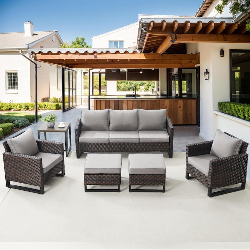 6 Piece 3-Seat Sofa Chair Table Set - Grey - Brown