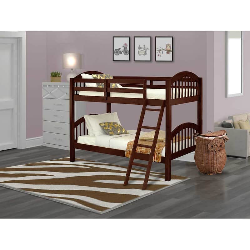Twin Over Twin Bunk Bed with Ladder & Guardrail - Vintage Style Kids Bedroom Furniture