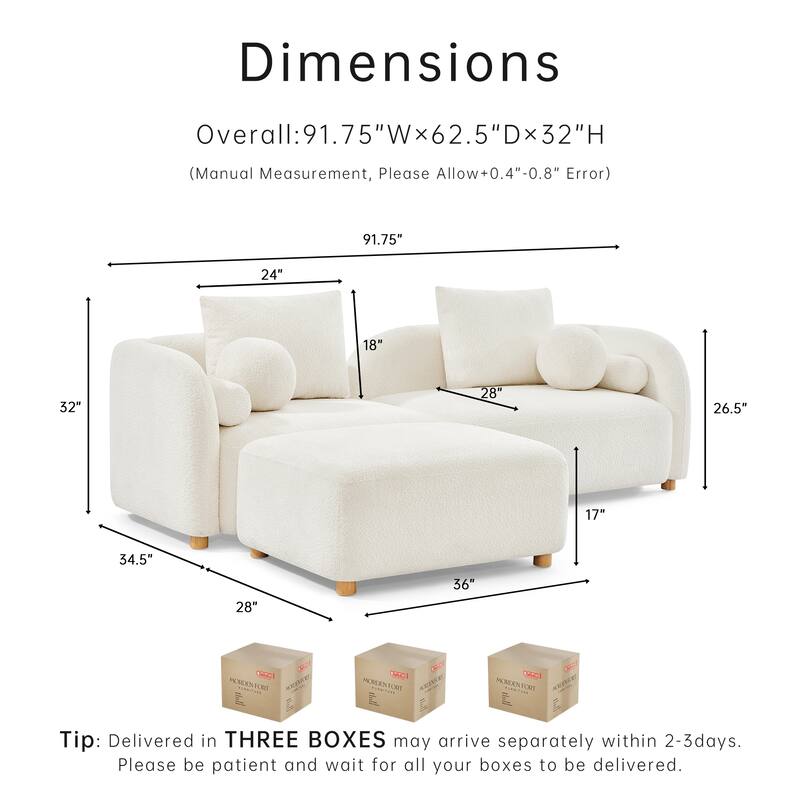 91" L-Shaped Sectional Sofa, Modular Curved Back Sofa with Movable Ottoman and 6 Pillows